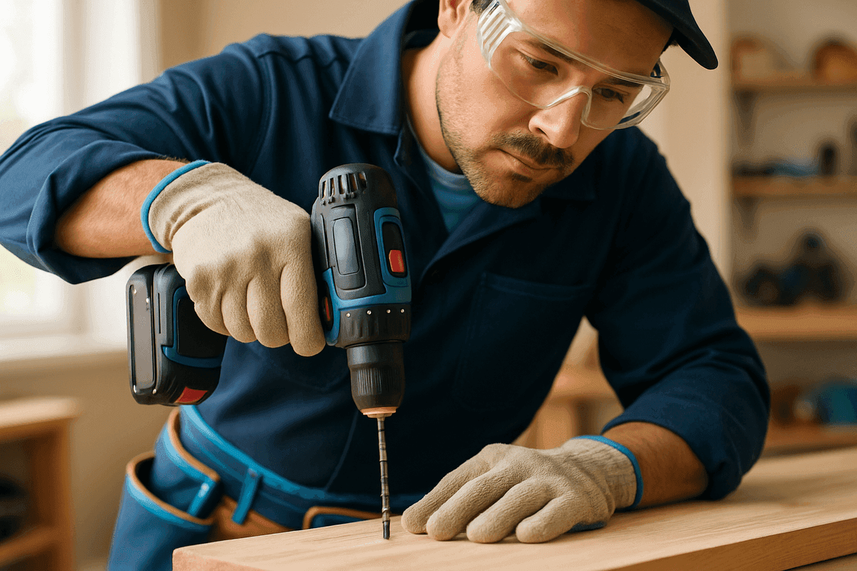 Close-up of gloved hands using cordless drill on wood in tidy indoor handyman workspace
